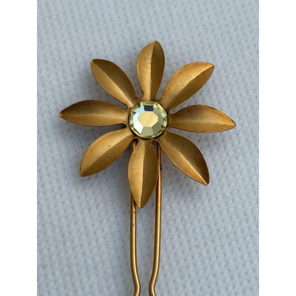 Colette Malouf Gold Tone Daisy Flower Hair Pins Pair Crystal Center Wedding Set - Picture 6 of 6
